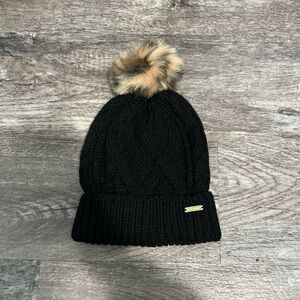 Steve Madden Black Cable Knit Hat with Faux Fur Pom
